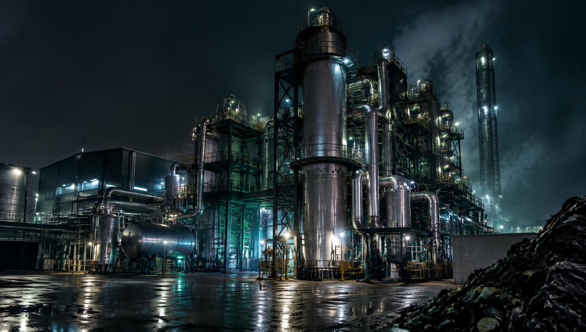 Industrial pyrolysis waste-to-energy plant at night